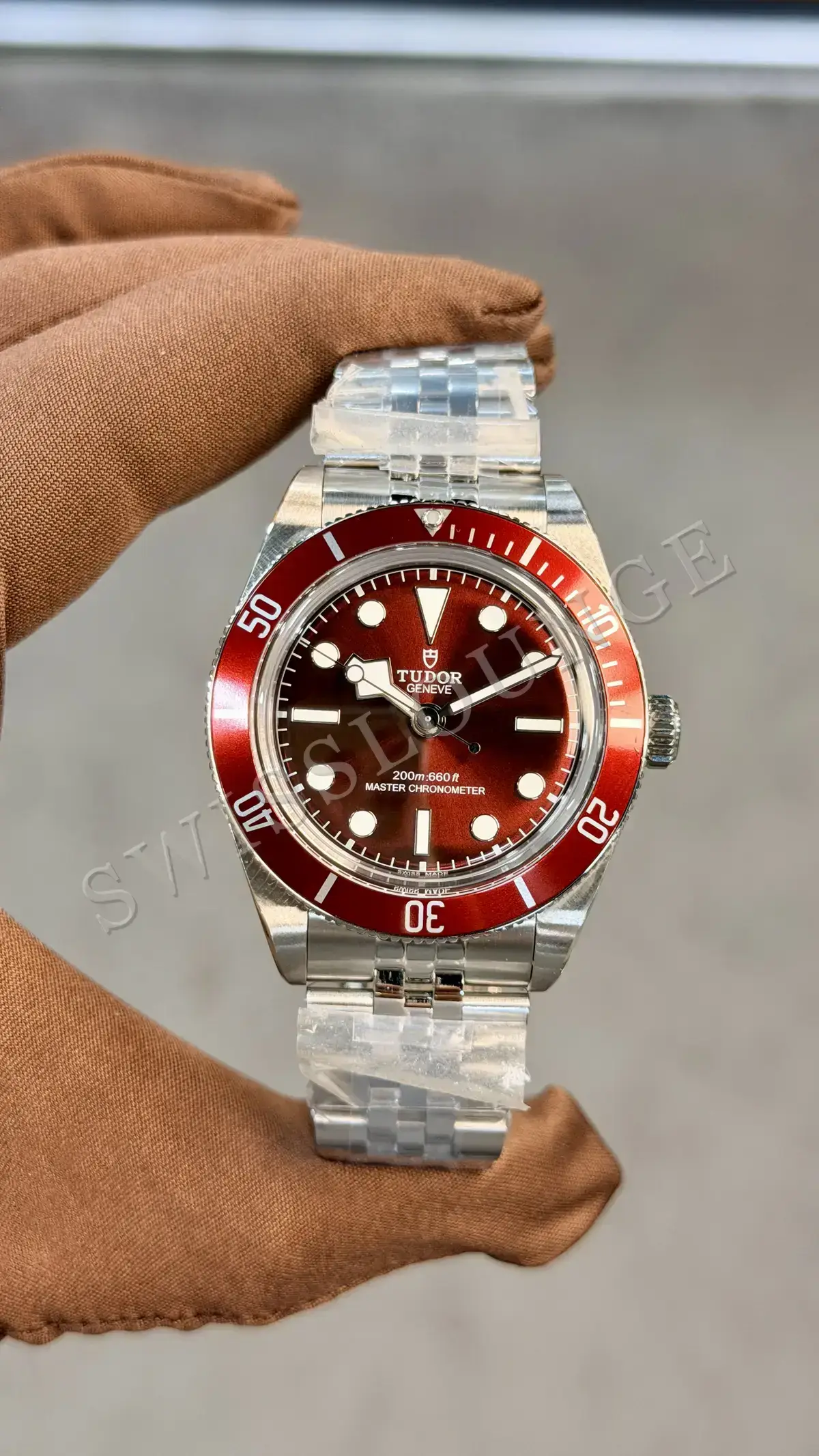 Tudor Black Bay bordo kadran ve kırmızı bezel, dalgıç tasarımı, elde önden görünüm